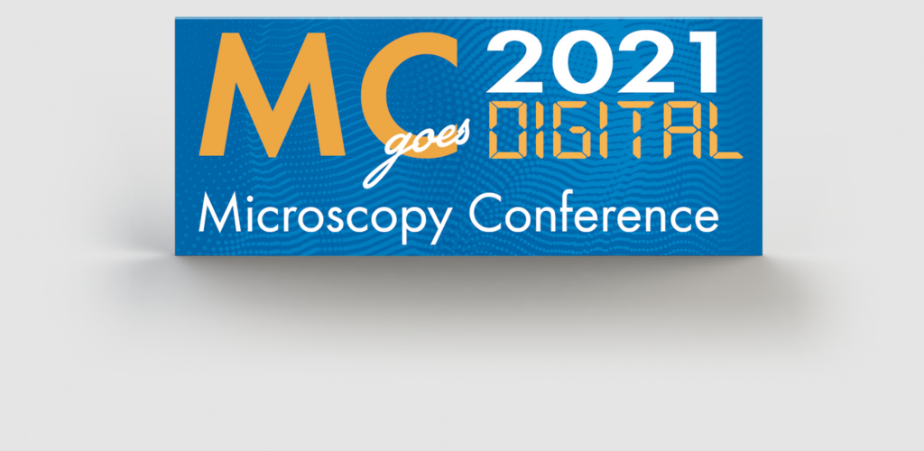 A graphic promoting the "Microscopy Conference 2021 Goes Digital!" against a blue patterned background. The text is in varying fonts and colors, with 'MC' and 'DIGITAL' in large, bold letters. Enjoy top-notch service while gaining insights into the latest in microscopy—all presented in perfect English.