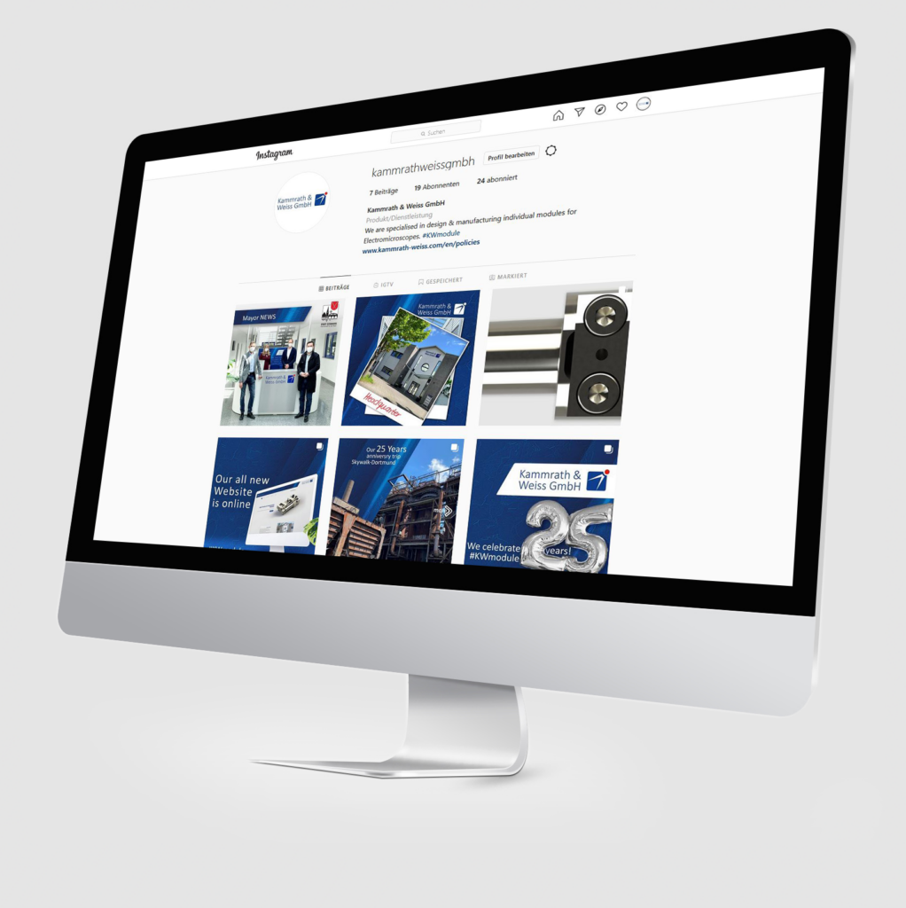 A computer monitor displays the Instagram profile of kammarthweissgmbh. The visible posts feature various images, including people, buildings, and product shots, highlighting their service excellence. The page header includes the company name and some profile details optimized for SEO.